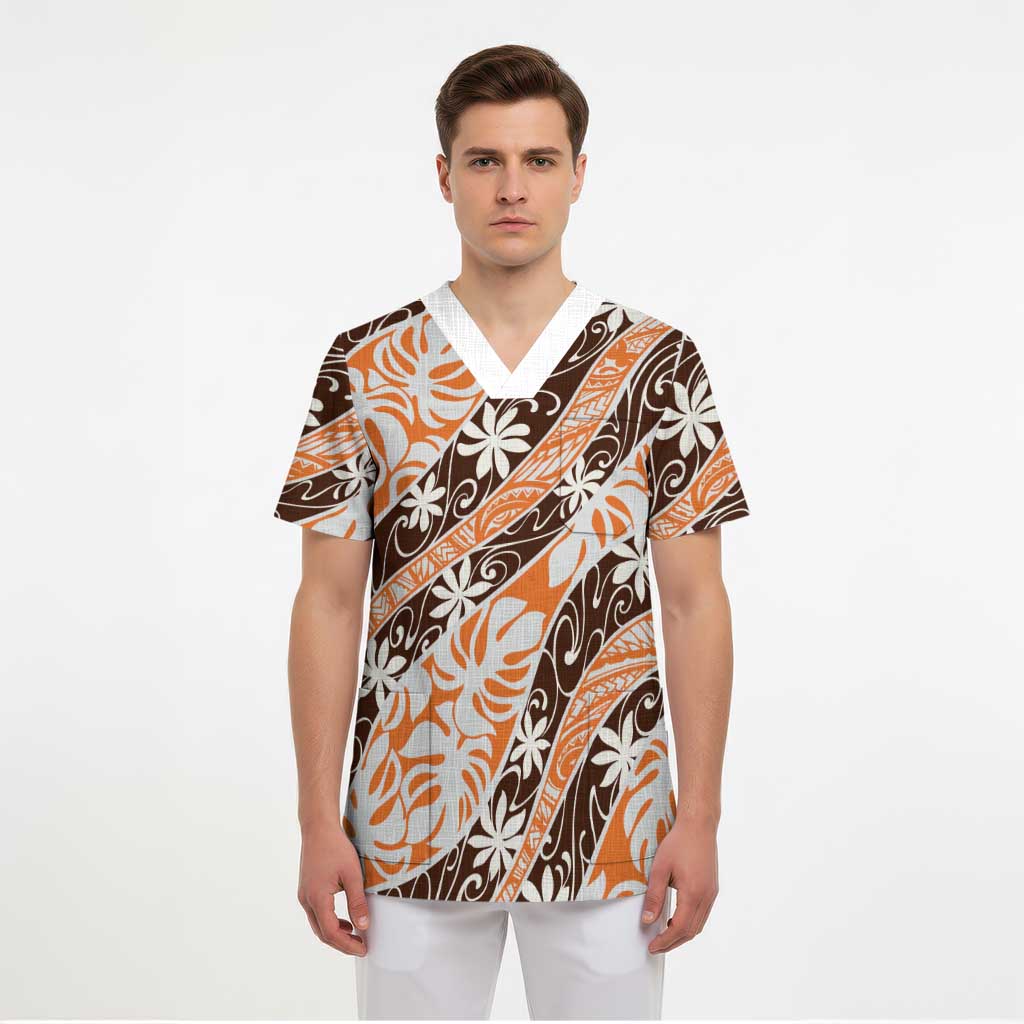 Puatou Tahiti Tiare Monstera Scrub Top Polynesian Pattern Curve Style LT01 - Polynesian Pride
