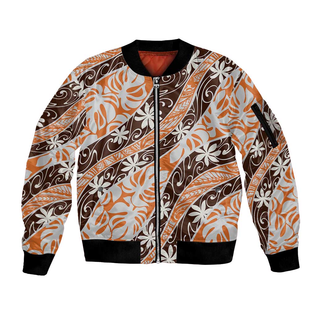 Puatou Tahiti Tiare Monstera Sleeve Zip Bomber Jacket Polynesian Pattern Curve Style LT01 Unisex Orange - Polynesian Pride
