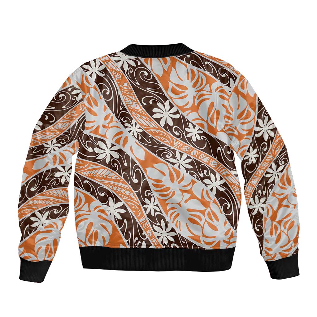Puatou Tahiti Tiare Monstera Sleeve Zip Bomber Jacket Polynesian Pattern Curve Style LT01 - Polynesian Pride