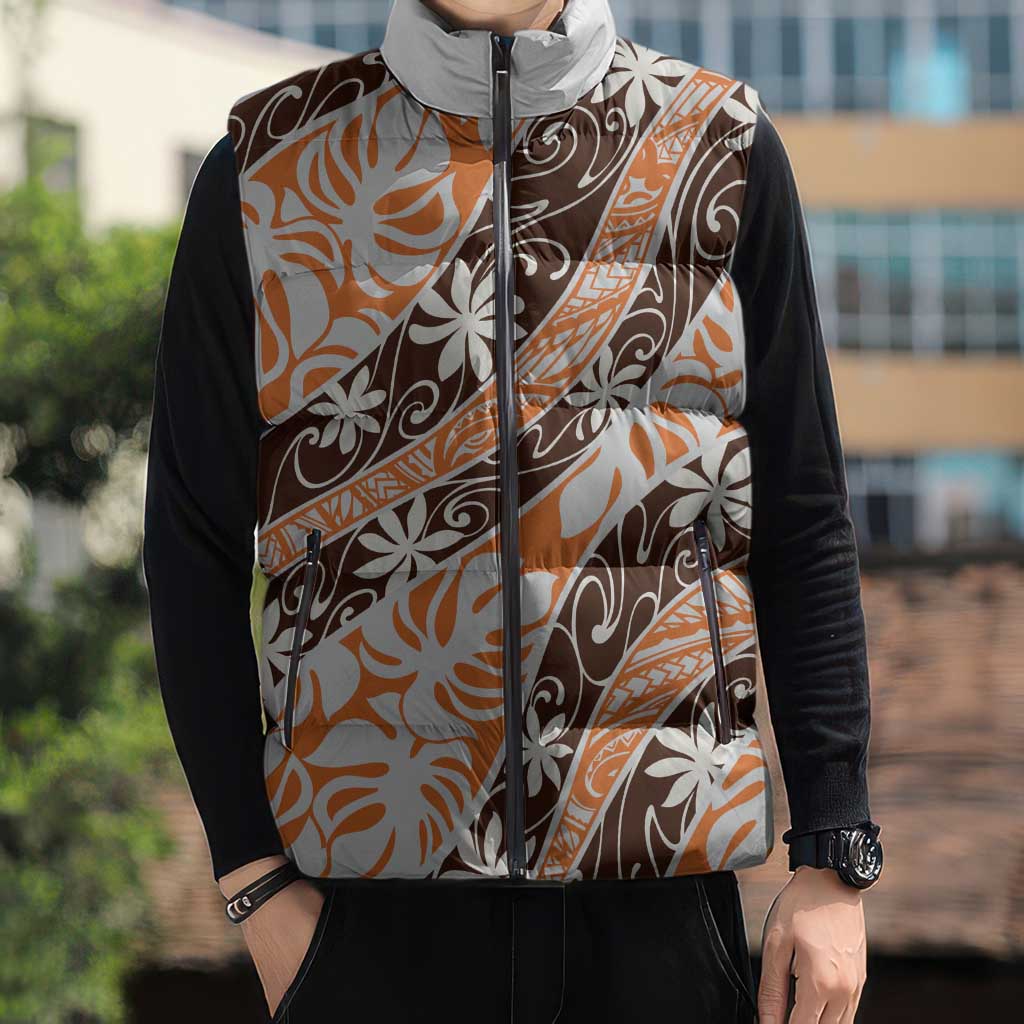 Puatou Tahiti Tiare Monstera Sleeveless Puffer Jacket Polynesian Pattern Curve Style LT01 - Polynesian Pride