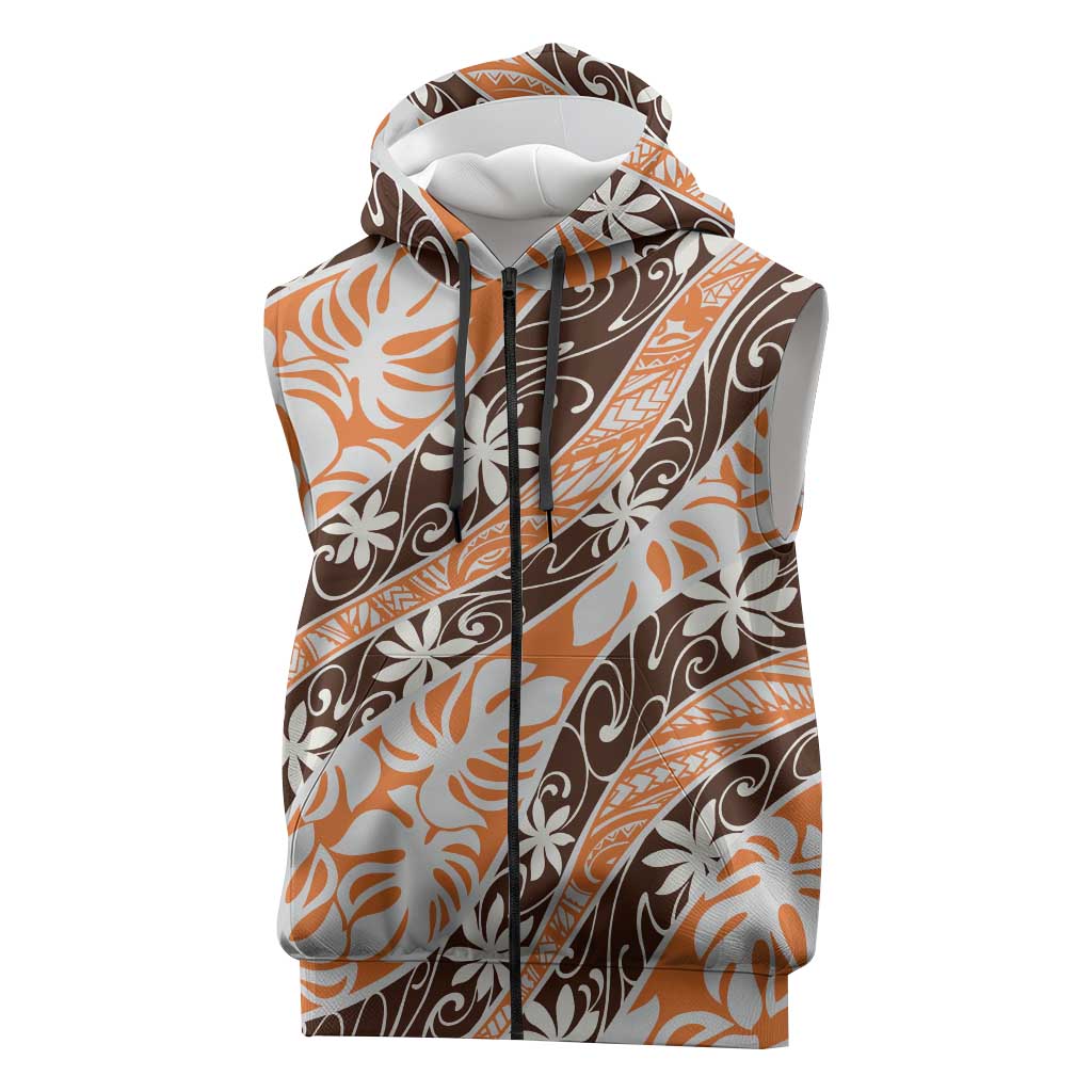 Puatou Tahiti Tiare Monstera Sleeveless Zip Hoodie Polynesian Pattern Curve Style LT01 Orange - Polynesian Pride