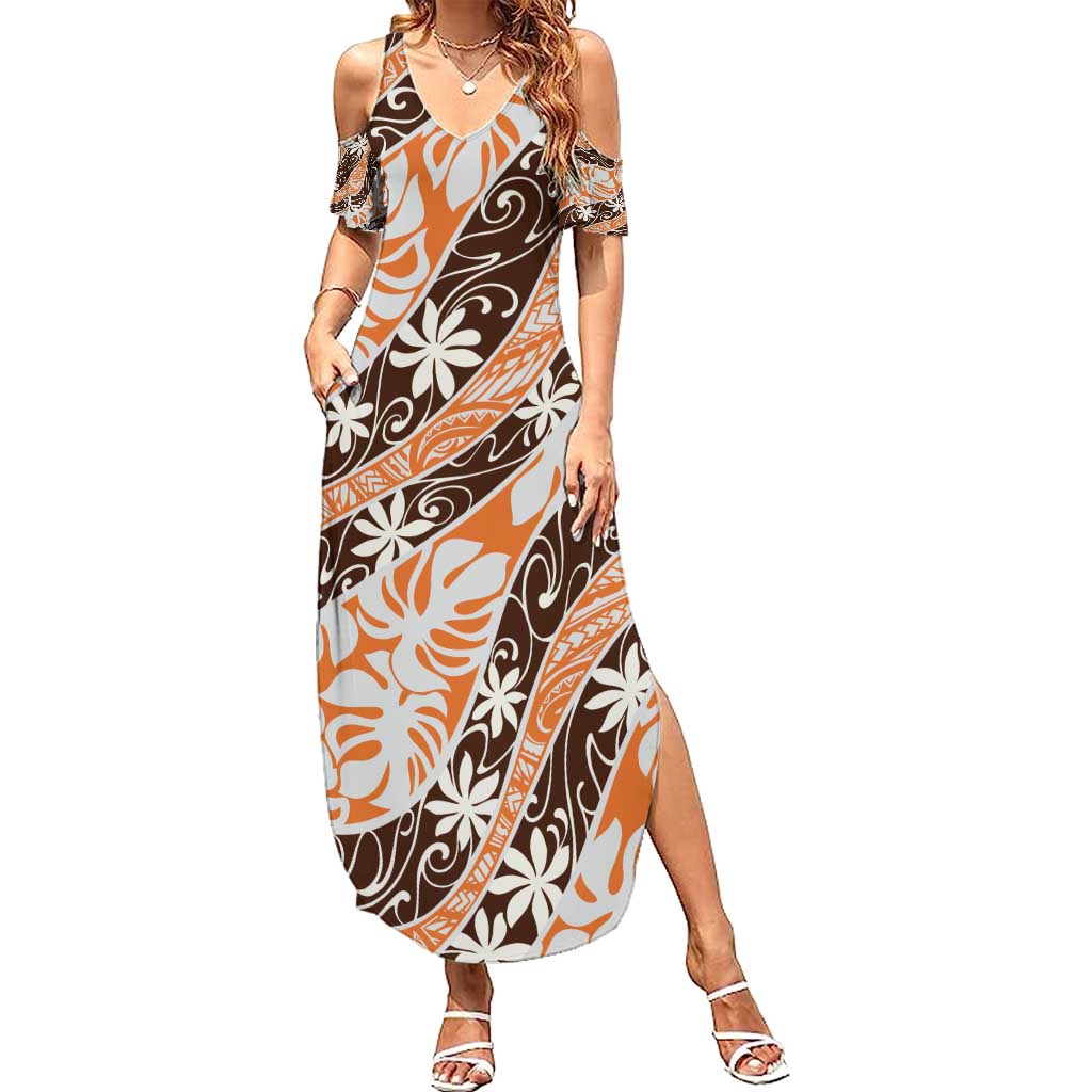 Puatou Tahiti Tiare Monstera Summer Maxi Dress Polynesian Pattern Curve Style - Polynesian Pride