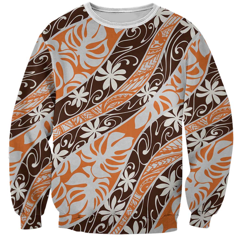 Puatou Tahiti Tiare Monstera Sweatshirt Polynesian Pattern Curve Style LT01 Unisex Orange - Polynesian Pride