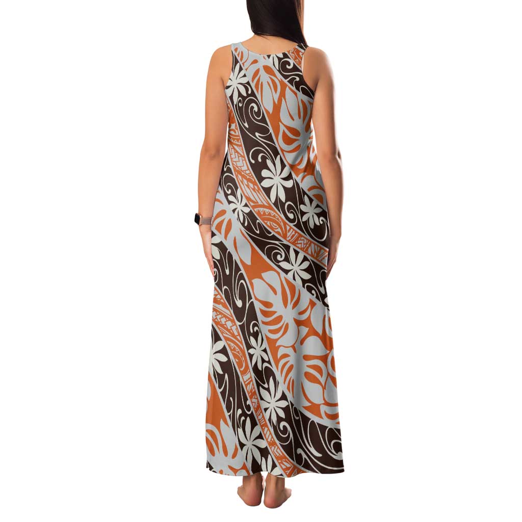 Puatou Tahiti Tiare Monstera Tank Maxi Dress Polynesian Pattern Curve Style - Polynesian Pride