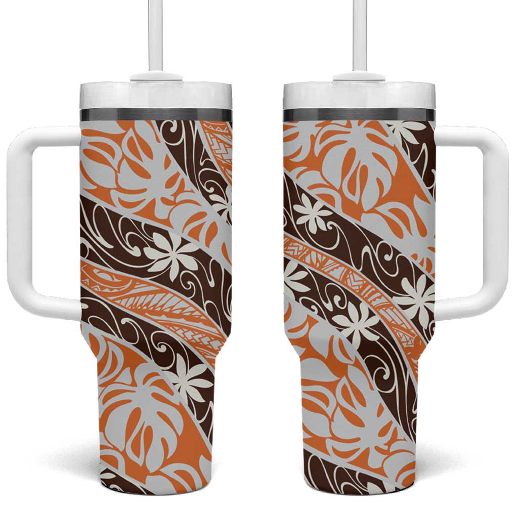 Puatou Tahiti Tiare Monstera Tumbler With Handle Polynesian Pattern Curve Style - Polynesian Pride