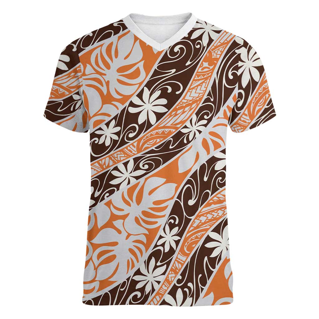 Puatou Tahiti Tiare Monstera Women V-Neck T-Shirt Polynesian Pattern Curve Style LT01 Female Orange - Polynesian Pride
