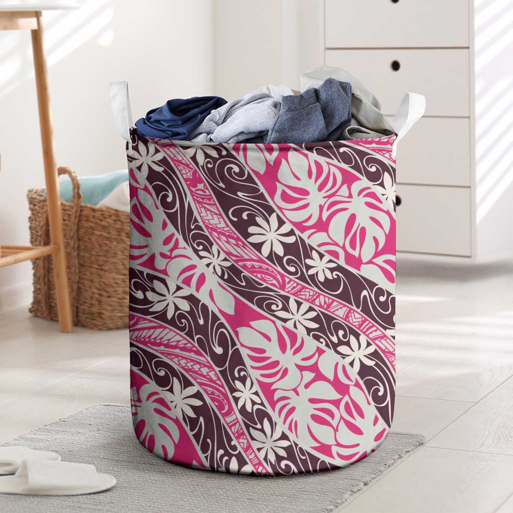 Tarona Tahiti Tiare Monstera Laundry Basket Polynesian Pattern Curve Style LT01 Pink - Polynesian Pride