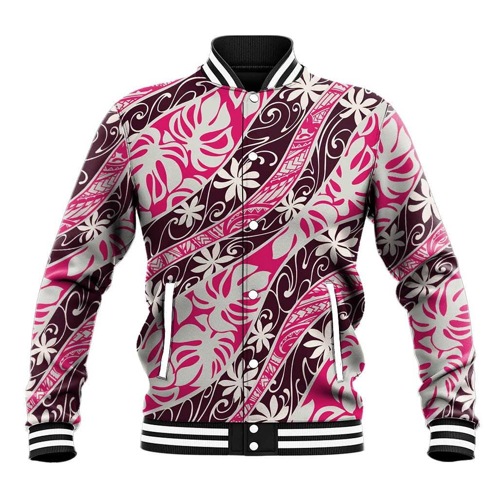 Tarona Tahiti Tiare Monstera Baseball Jacket Polynesian Pattern Curve Style LT01 Unisex Pink - Polynesian Pride