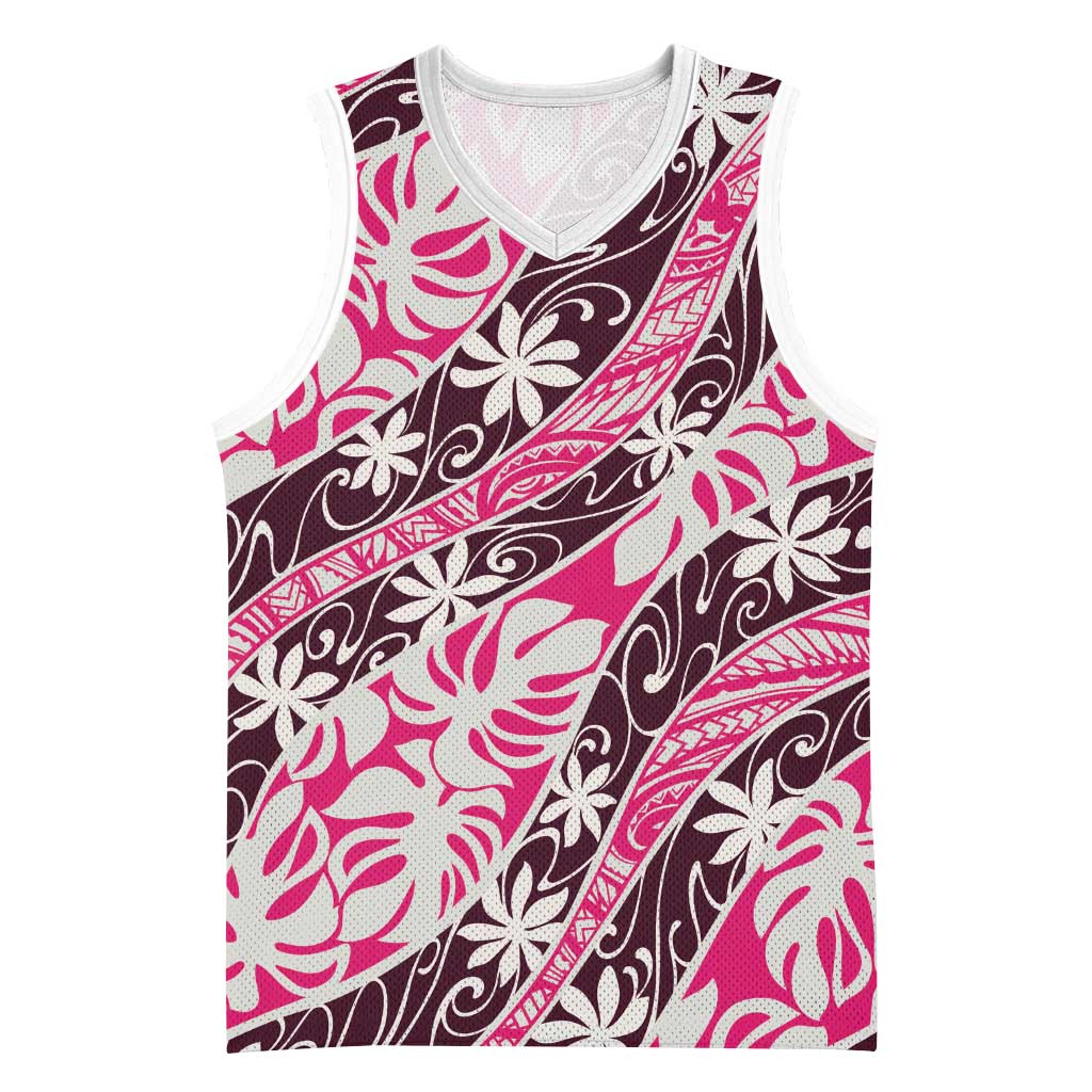 Tarona Tahiti Tiare Monstera Basketball Jersey Polynesian Pattern Curve Style LT01 Unisex Pink - Polynesian Pride