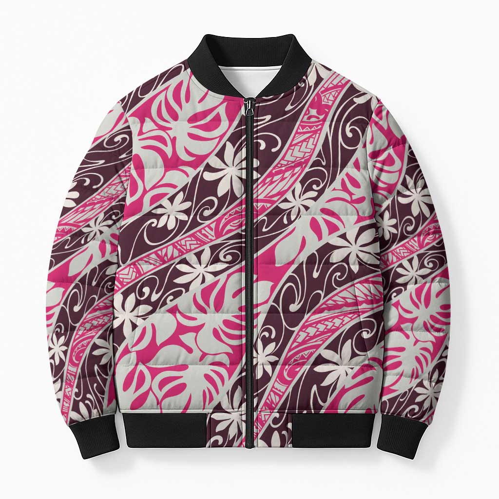 Tarona Tahiti Tiare Monstera Bomber Puffer Jacket Polynesian Pattern Curve Style LT01 Unisex Pink - Polynesian Pride