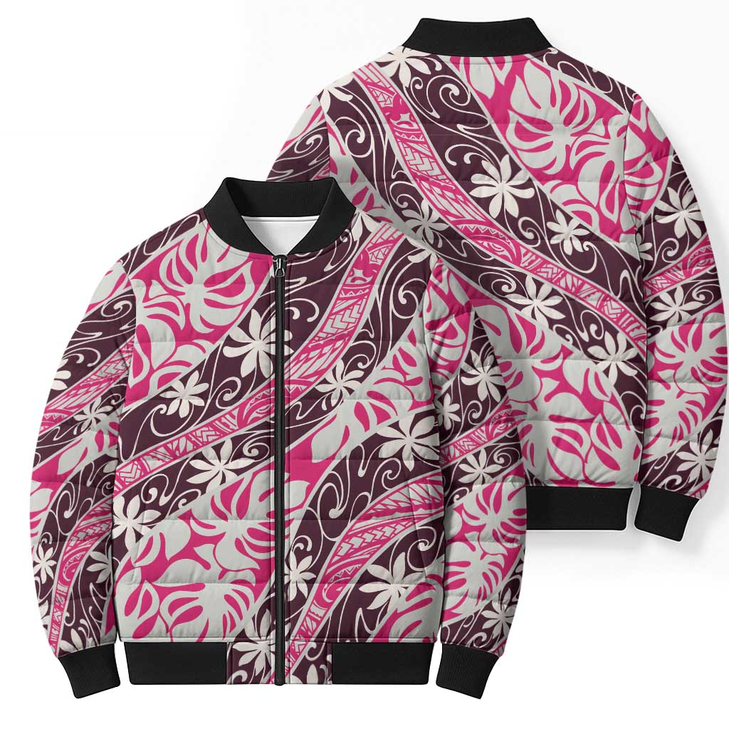 Tarona Tahiti Tiare Monstera Bomber Puffer Jacket Polynesian Pattern Curve Style LT01 - Polynesian Pride