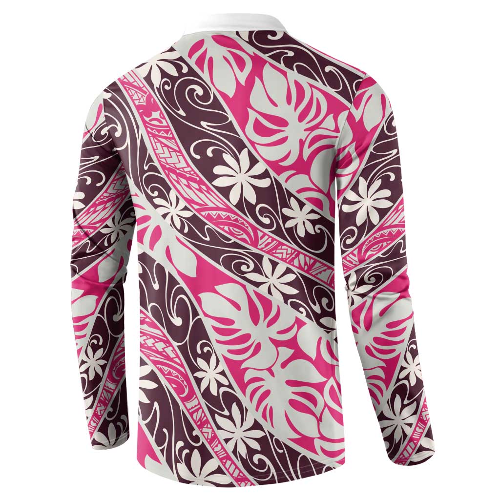 Tarona Tahiti Tiare Monstera Button Sweatshirt Polynesian Pattern Curve Style LT01 - Polynesian Pride