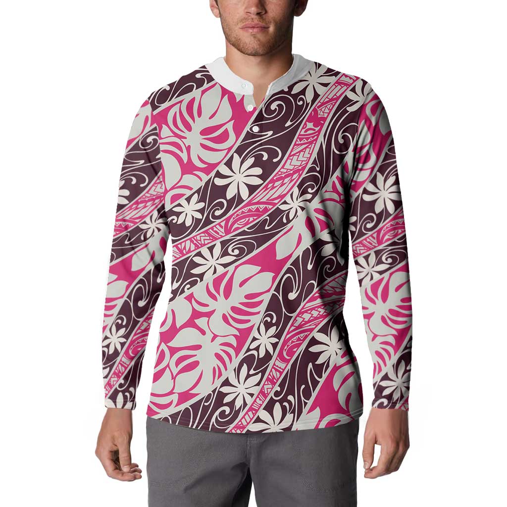 Tarona Tahiti Tiare Monstera Button Sweatshirt Polynesian Pattern Curve Style LT01 - Polynesian Pride