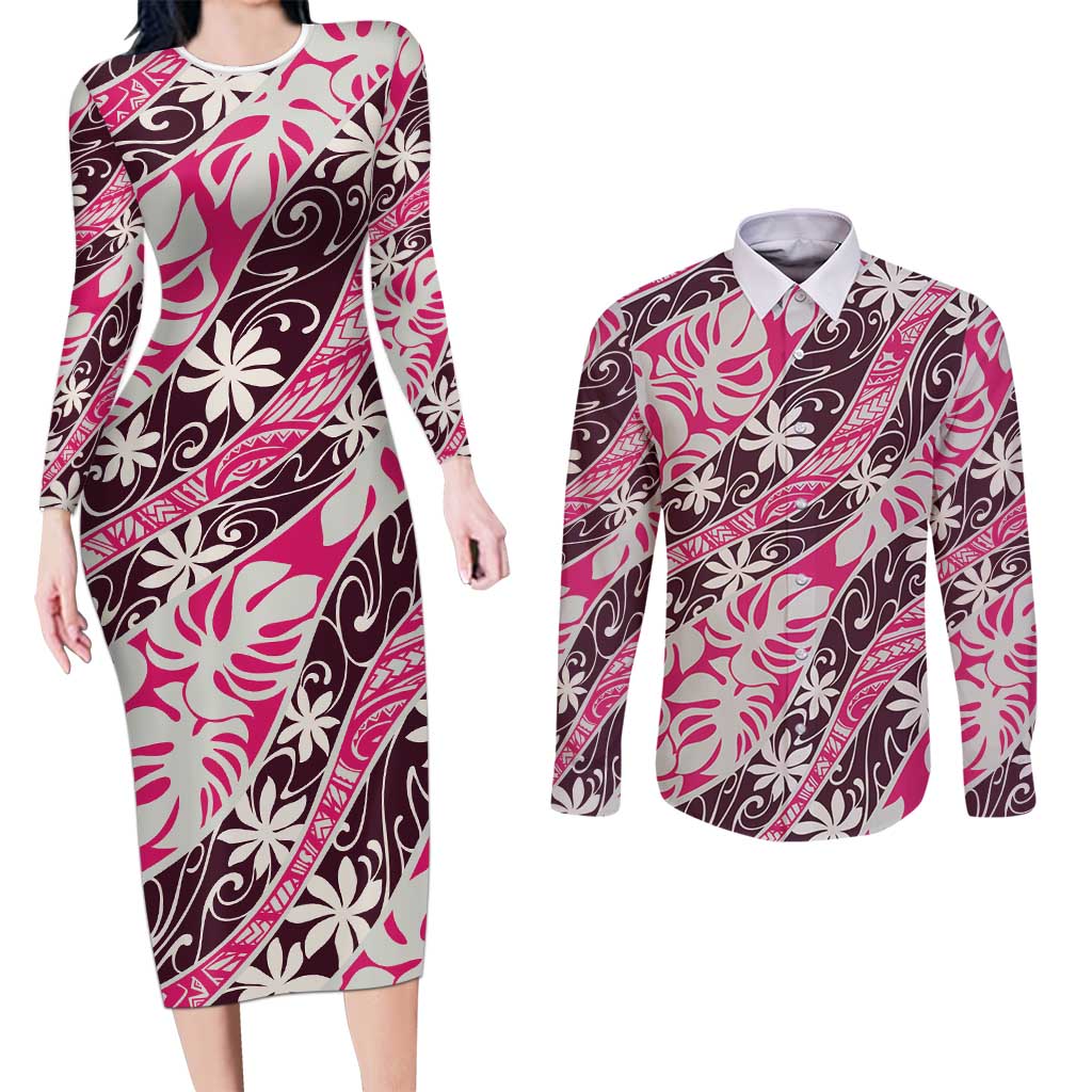 Tarona Tahiti Tiare Monstera Couples Matching Long Sleeve Bodycon Dress and Long Sleeve Button Shirt Polynesian Pattern Curve Style LT01 Pink - Polynesian Pride