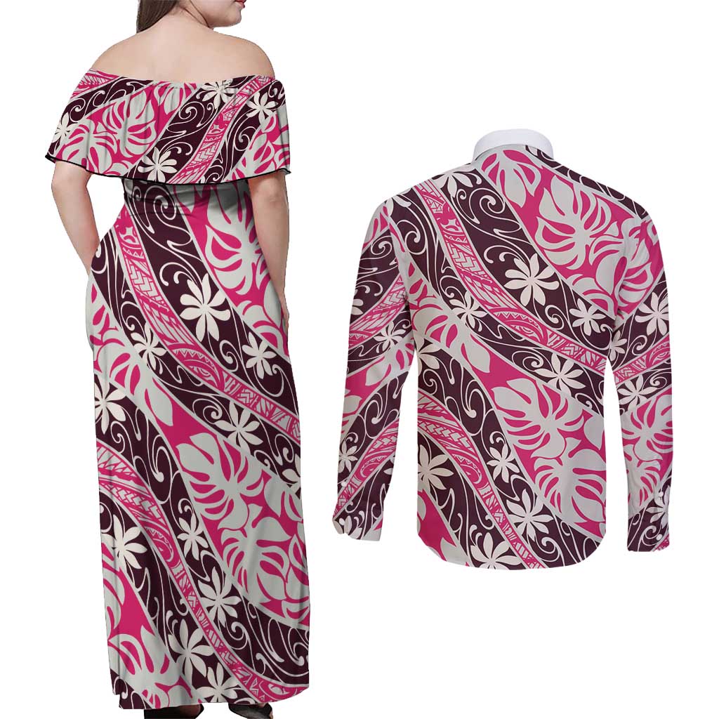 Tarona Tahiti Tiare Monstera Couples Matching Off Shoulder Maxi Dress and Long Sleeve Button Shirt Polynesian Pattern Curve Style - Polynesian Pride