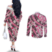 Tarona Tahiti Tiare Monstera Couples Matching Off The Shoulder Long Sleeve Dress and Long Sleeve Button Shirt Polynesian Pattern Curve Style LT01 - Polynesian Pride