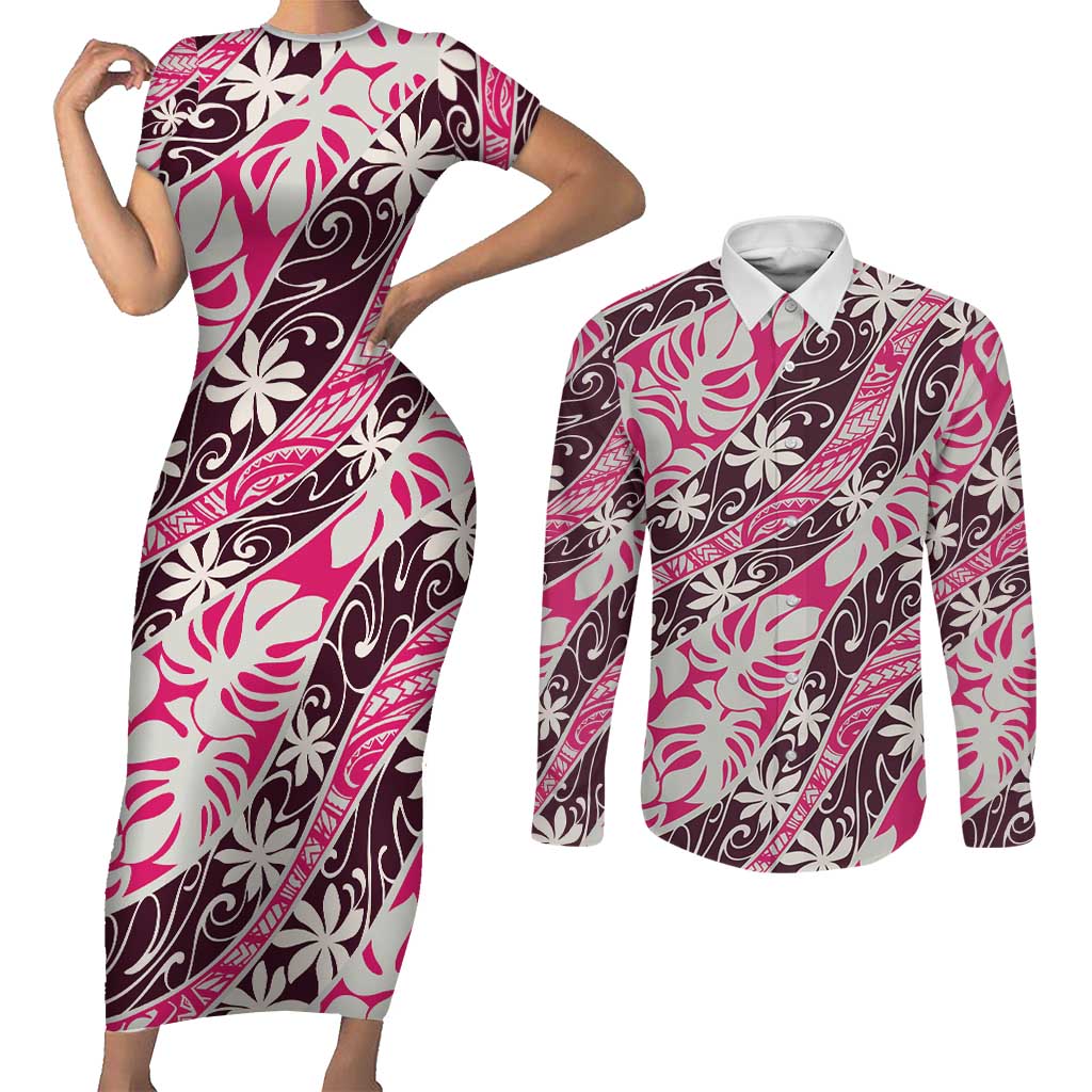 Tarona Tahiti Tiare Monstera Couples Matching Short Sleeve Bodycon Dress and Long Sleeve Button Shirt Polynesian Pattern Curve Style LT01 Pink - Polynesian Pride