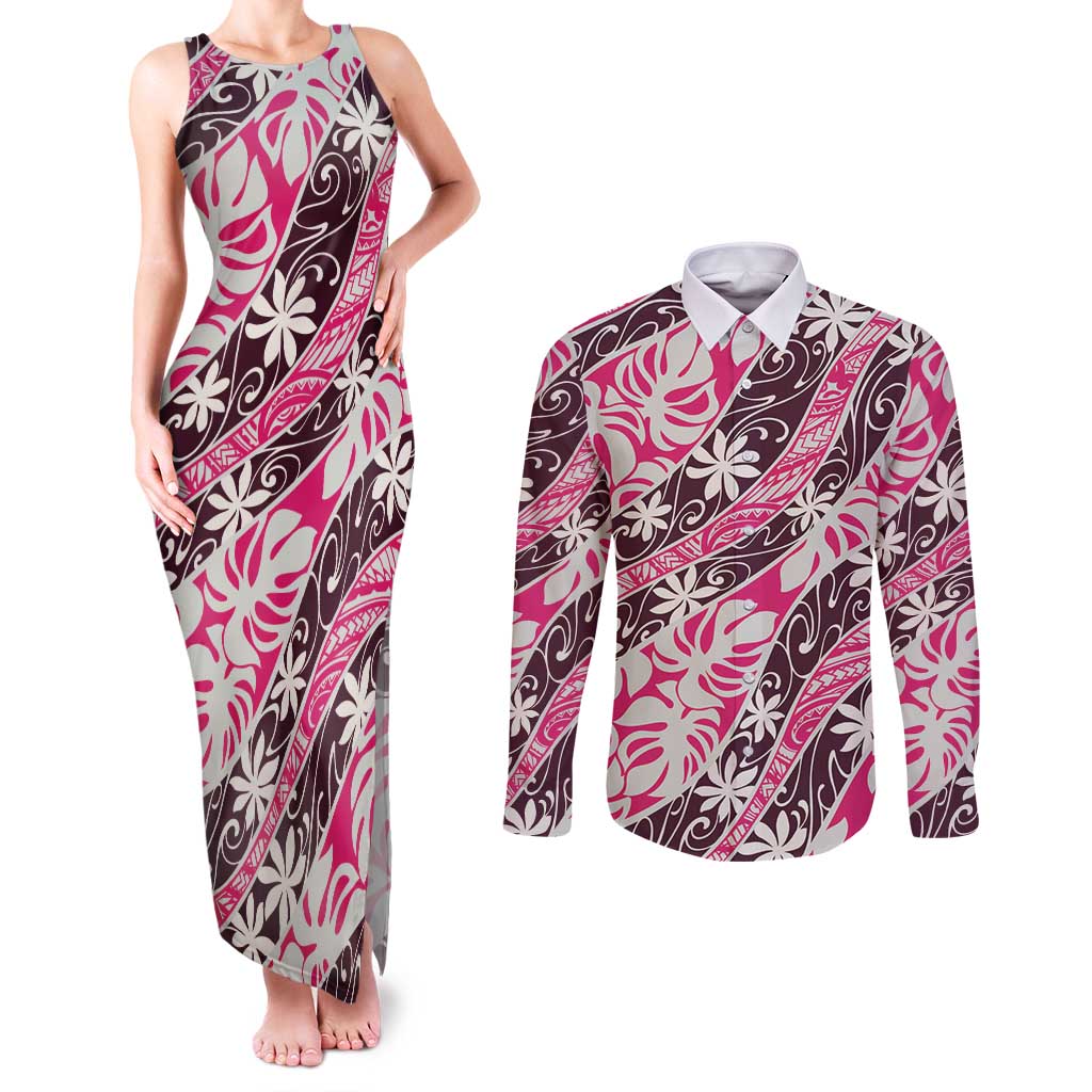 Tarona Tahiti Tiare Monstera Couples Matching Tank Maxi Dress and Long Sleeve Button Shirt Polynesian Pattern Curve Style LT01 Pink - Polynesian Pride