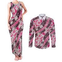 Tarona Tahiti Tiare Monstera Couples Matching Tank Maxi Dress and Long Sleeve Button Shirt Polynesian Pattern Curve Style - Polynesian Pride
