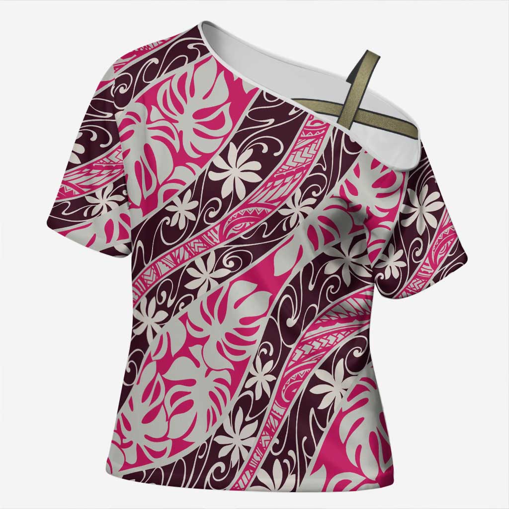 Tarona Tahiti Tiare Monstera Cross Shoulder Shirt Polynesian Pattern Curve Style LT01 Female Pink - Polynesian Pride