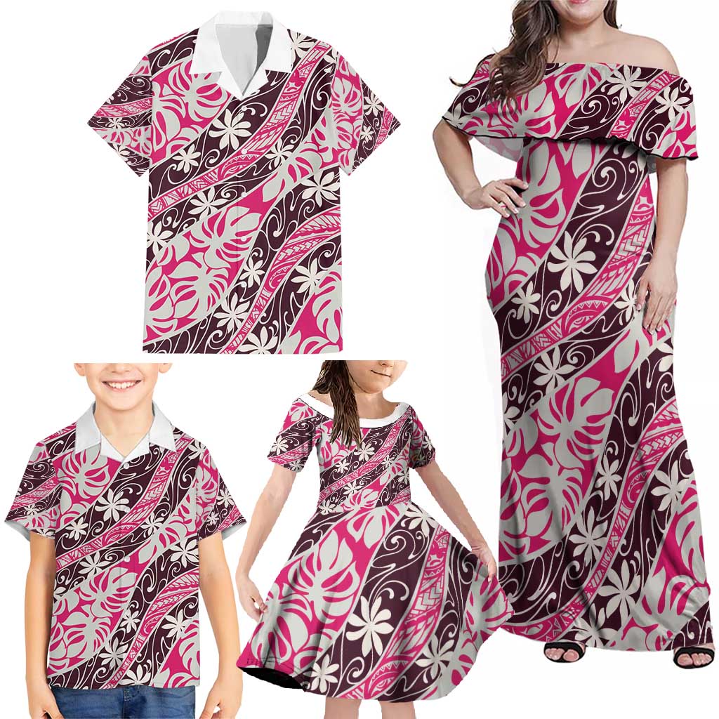 Tarona Tahiti Tiare Monstera Family Matching Off Shoulder Maxi Dress and Hawaiian Shirt Polynesian Pattern Curve Style - Polynesian Pride