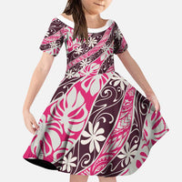 Tarona Tahiti Tiare Monstera Family Matching Puletasi and Hawaiian Shirt Polynesian Pattern Curve Style LT01 Daughter's Dress Pink - Polynesian Pride