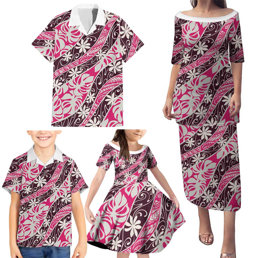 Tarona Tahiti Tiare Monstera Family Matching Puletasi and Hawaiian Shirt Polynesian Pattern Curve Style LT01 - Polynesian Pride