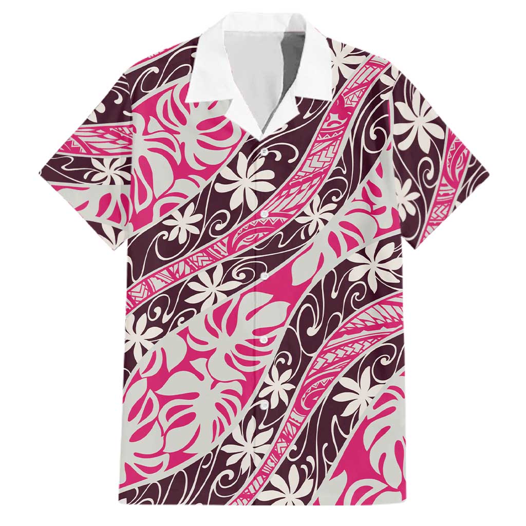 Tarona Tahiti Tiare Monstera Family Matching Puletasi and Hawaiian Shirt Polynesian Pattern Curve Style LT01 Dad's Shirt - Short Sleeve Pink - Polynesian Pride
