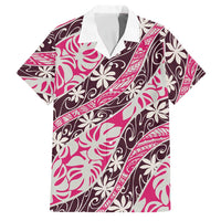 Tarona Tahiti Tiare Monstera Family Matching Puletasi and Hawaiian Shirt Polynesian Pattern Curve Style LT01 Dad's Shirt - Short Sleeve Pink - Polynesian Pride