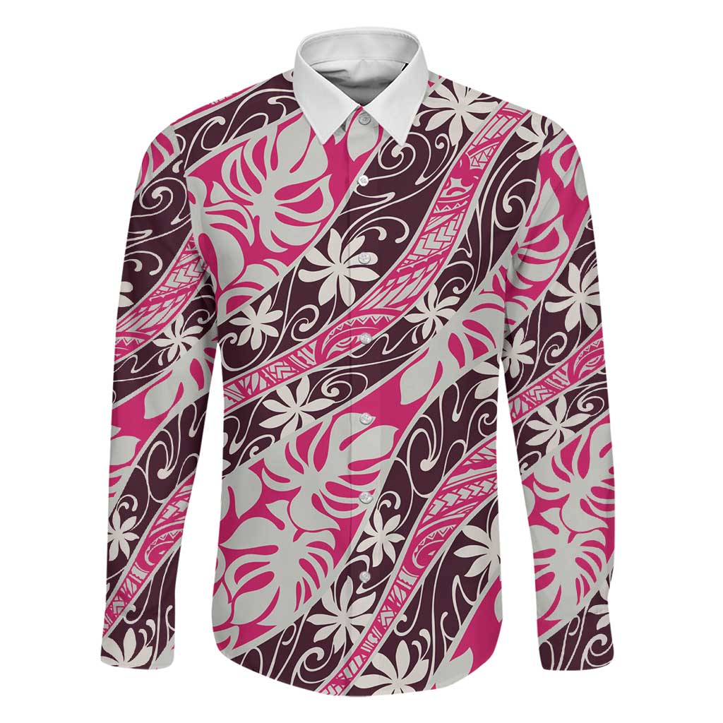 Tarona Tahiti Tiare Monstera Family Matching Puletasi and Hawaiian Shirt Polynesian Pattern Curve Style LT01 Dad's Shirt - Long Sleeve Pink - Polynesian Pride