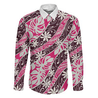 Tarona Tahiti Tiare Monstera Family Matching Puletasi and Hawaiian Shirt Polynesian Pattern Curve Style LT01 Dad's Shirt - Long Sleeve Pink - Polynesian Pride