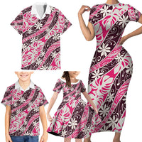 Tarona Tahiti Tiare Monstera Family Matching Short Sleeve Bodycon Dress and Hawaiian Shirt Polynesian Pattern Curve Style - Polynesian Pride
