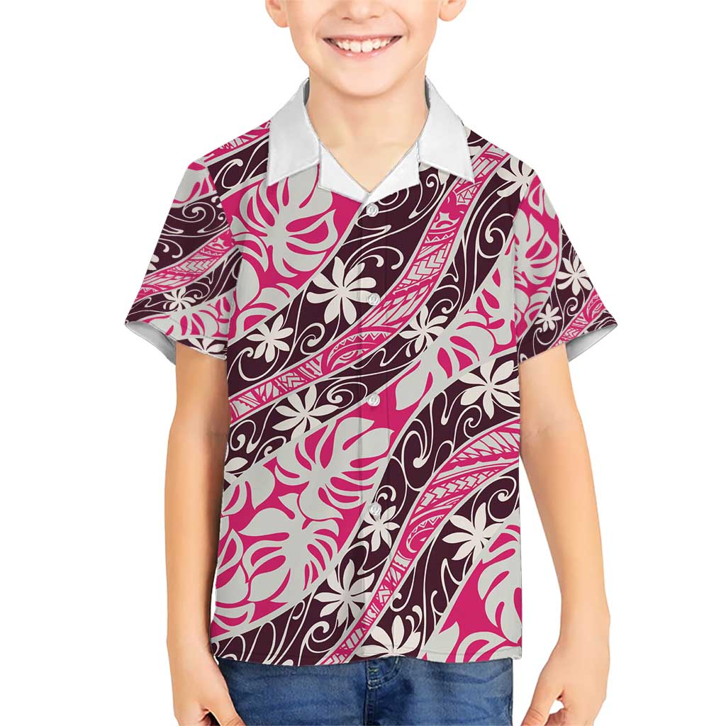 Tarona Tahiti Tiare Monstera Kid Hawaiian Shirt Polynesian Pattern Curve Style - Polynesian Pride