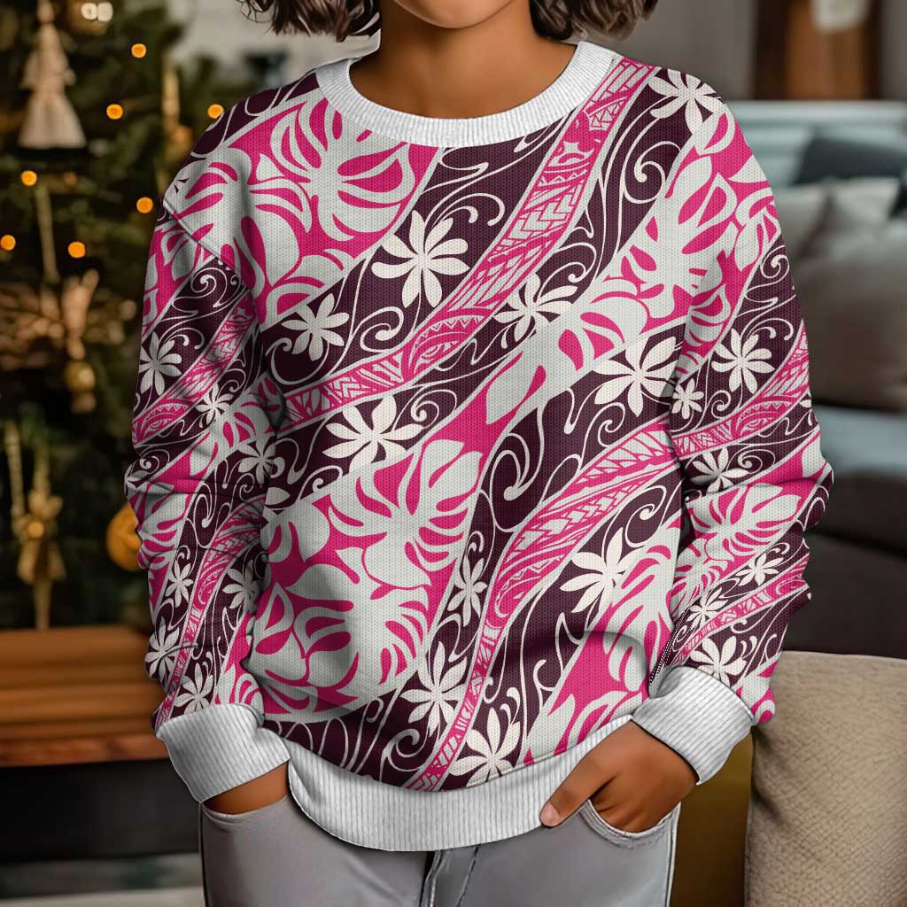 Tarona Tahiti Tiare Monstera Kid Ugly Christmas Sweater Polynesian Pattern Curve Style - Polynesian Pride