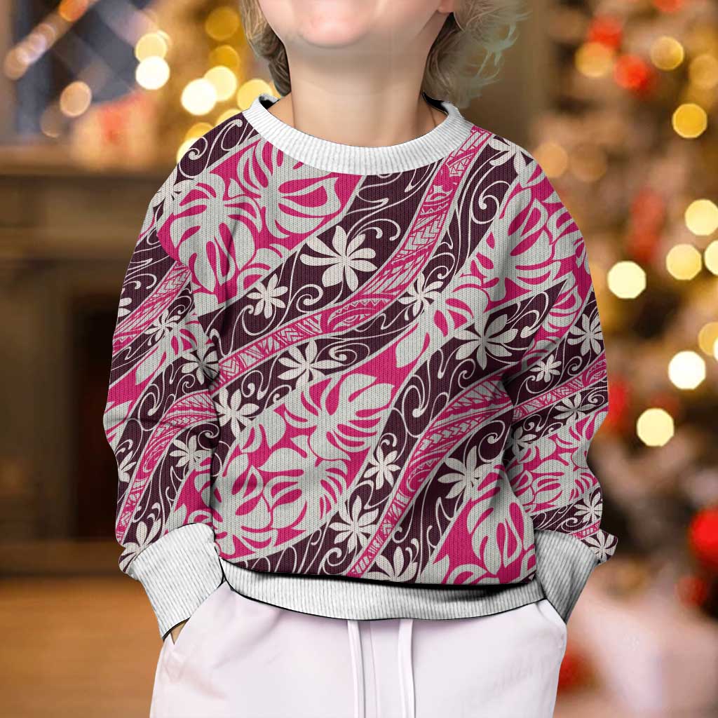 Tarona Tahiti Tiare Monstera Kid Ugly Christmas Sweater Polynesian Pattern Curve Style - Polynesian Pride