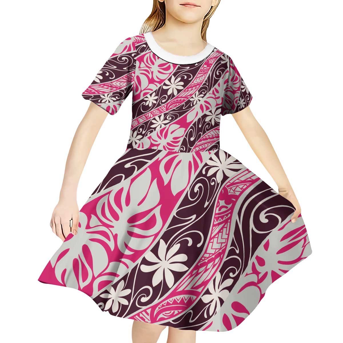 Tarona Tahiti Tiare Monstera Kid Short Sleeve Dress Polynesian Pattern Curve Style - Polynesian Pride