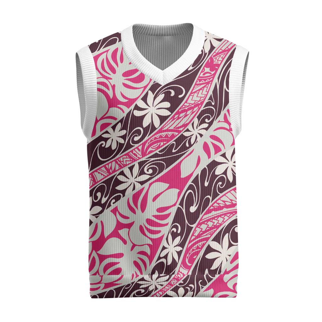 Tarona Tahiti Tiare Monstera Christmas Knitted V-Neck Vest Polynesian Pattern Curve Style LT01 Pink - Polynesian Pride