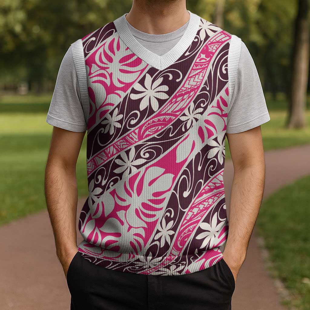 Tarona Tahiti Tiare Monstera Christmas Knitted V-Neck Vest Polynesian Pattern Curve Style - Polynesian Pride