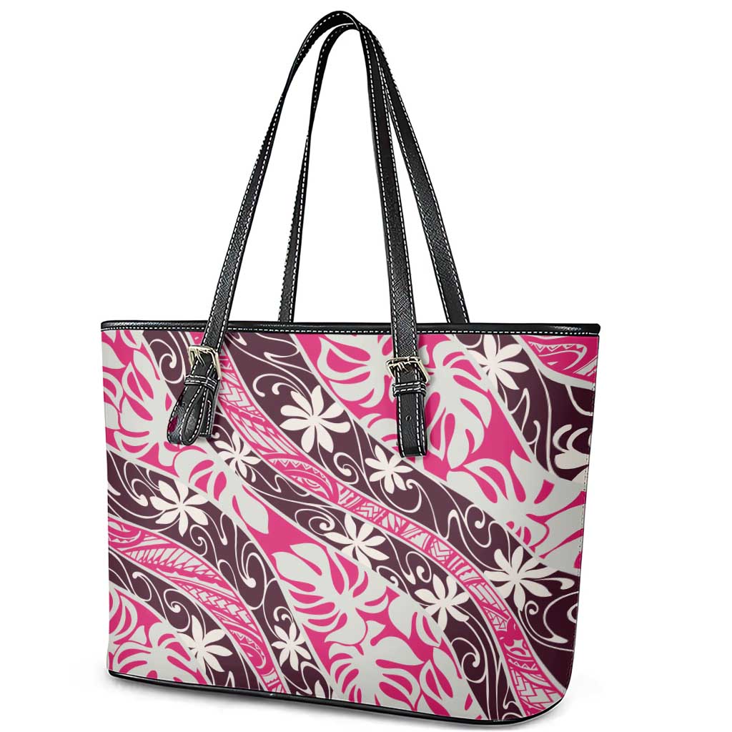 Tarona Tahiti Tiare Monstera Leather Tote Bag Polynesian Pattern Curve Style - Polynesian Pride