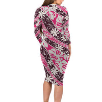 Tarona Tahiti Tiare Monstera Long Sleeve Bodycon Dress Polynesian Pattern Curve Style - Polynesian Pride