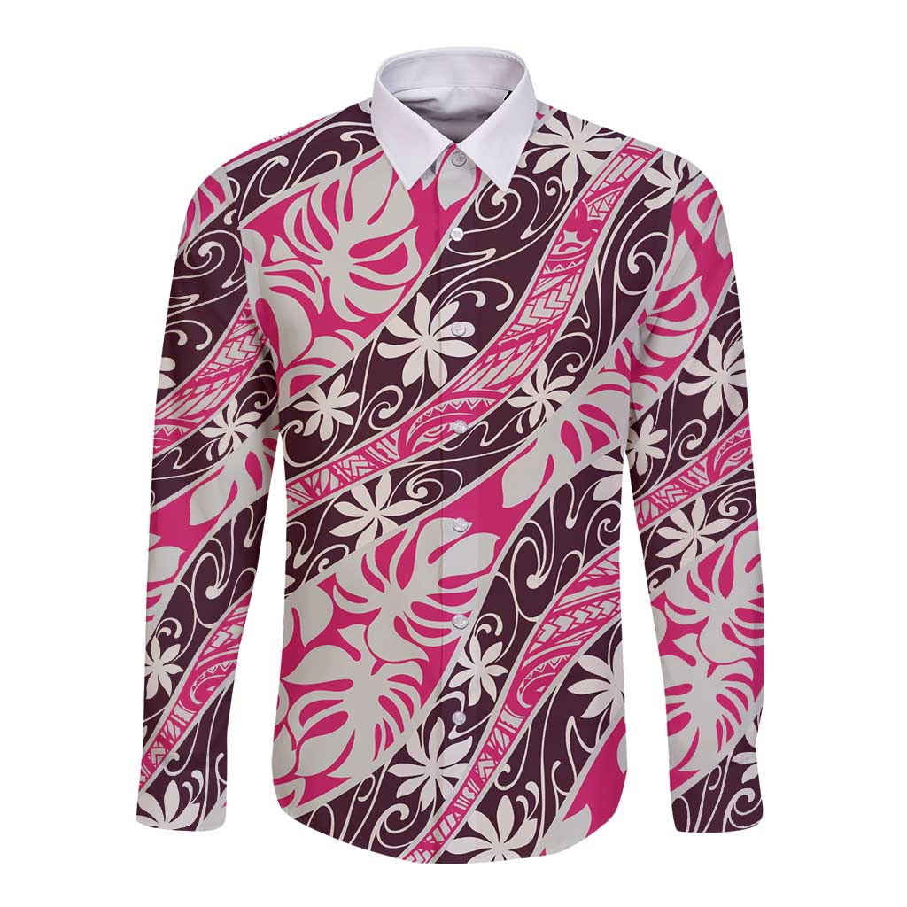 Tarona Tahiti Tiare Monstera Long Sleeve Button Shirt Polynesian Pattern Curve Style LT01 Unisex Pink - Polynesian Pride