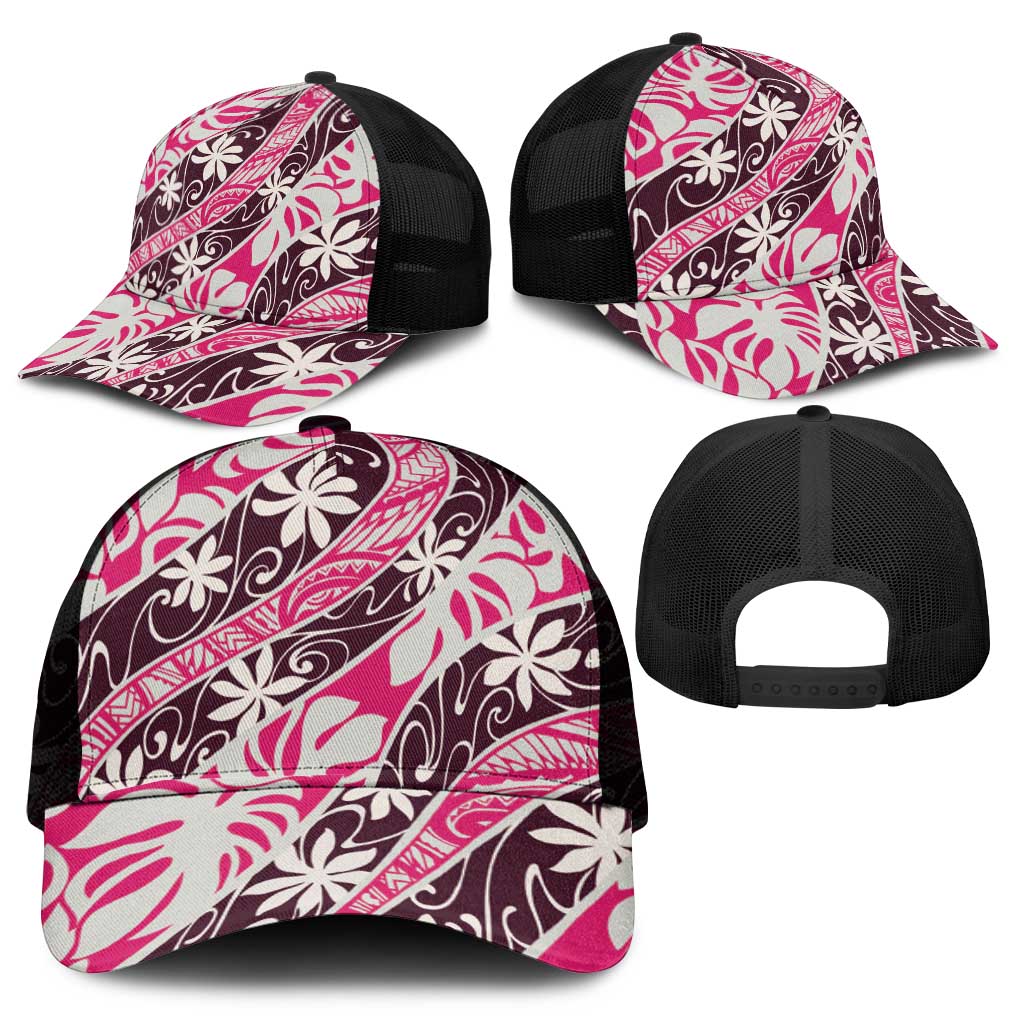 Tarona Tahiti Tiare Monstera Mesh Trucker Cap Polynesian Pattern Curve Style - Polynesian Pride