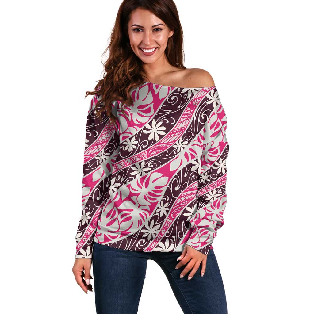 Tarona Tahiti Tiare Monstera Off Shoulder Sweater Polynesian Pattern Curve Style LT01 Women Pink - Polynesian Pride