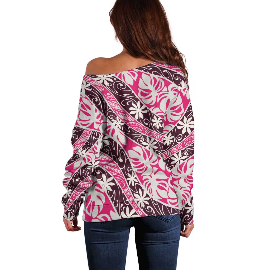 Tarona Tahiti Tiare Monstera Off Shoulder Sweater Polynesian Pattern Curve Style LT01 - Polynesian Pride