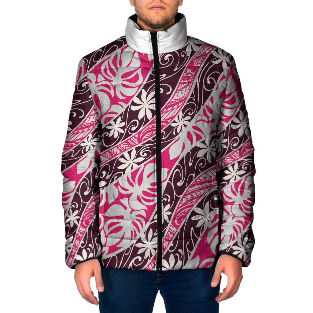 Tarona Tahiti Tiare Monstera Padded Jacket Polynesian Pattern Curve Style LT01 Men Pink - Polynesian Pride