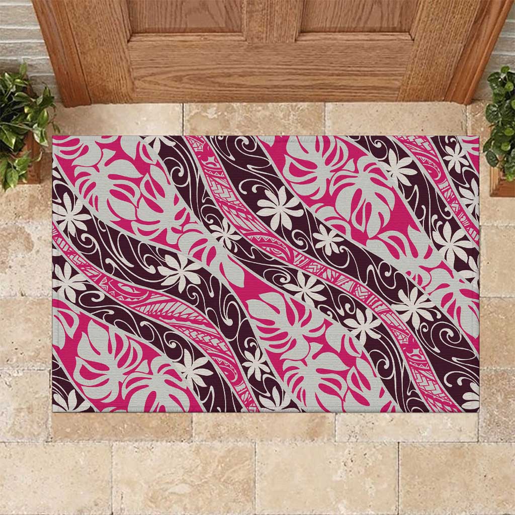 Tarona Tahiti Tiare Monstera Rubber Doormat Polynesian Pattern Curve Style LT01 Pink - Polynesian Pride