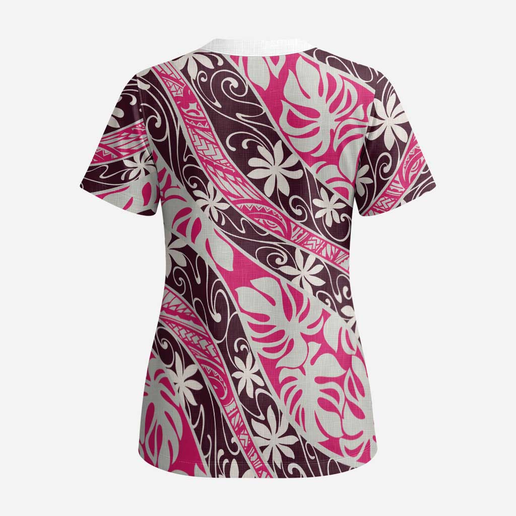 Tarona Tahiti Tiare Monstera Scrub Top Polynesian Pattern Curve Style LT01 - Polynesian Pride