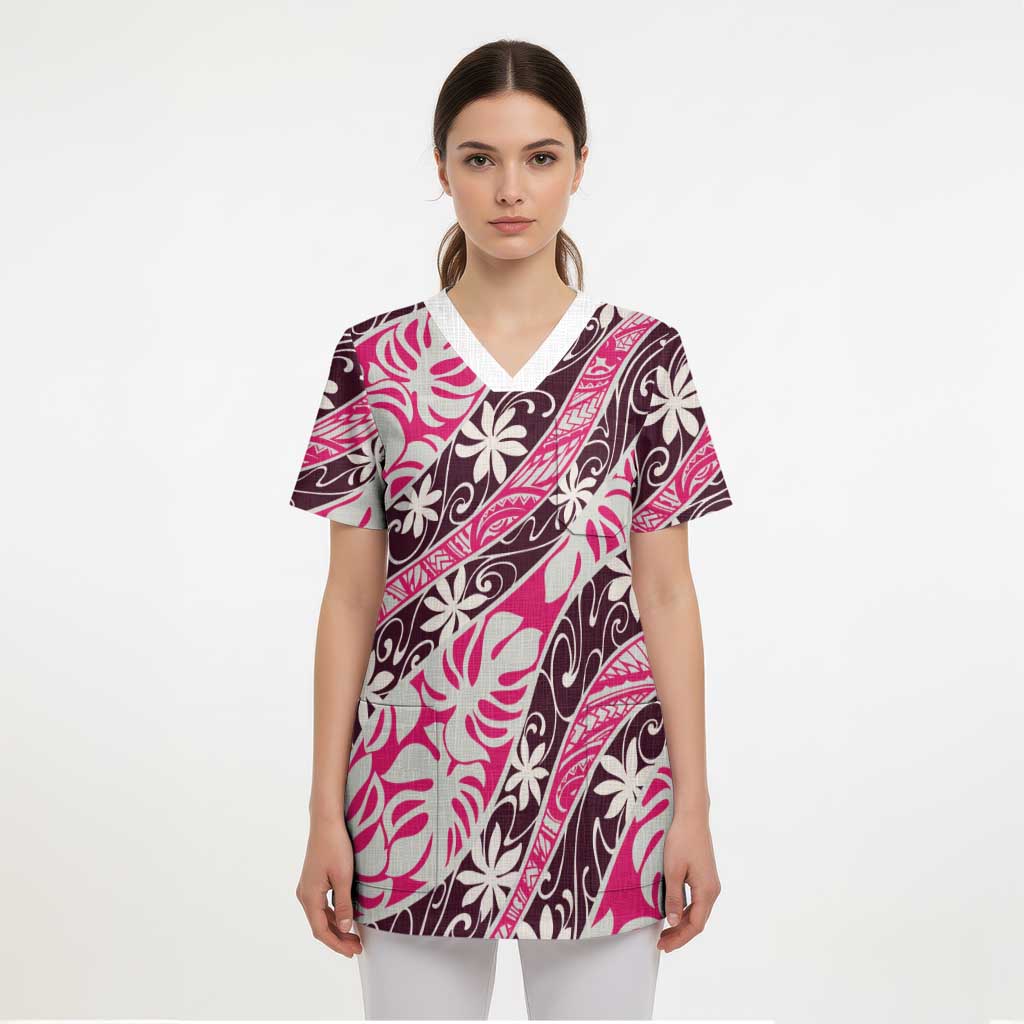 Tarona Tahiti Tiare Monstera Scrub Top Polynesian Pattern Curve Style LT01 - Polynesian Pride