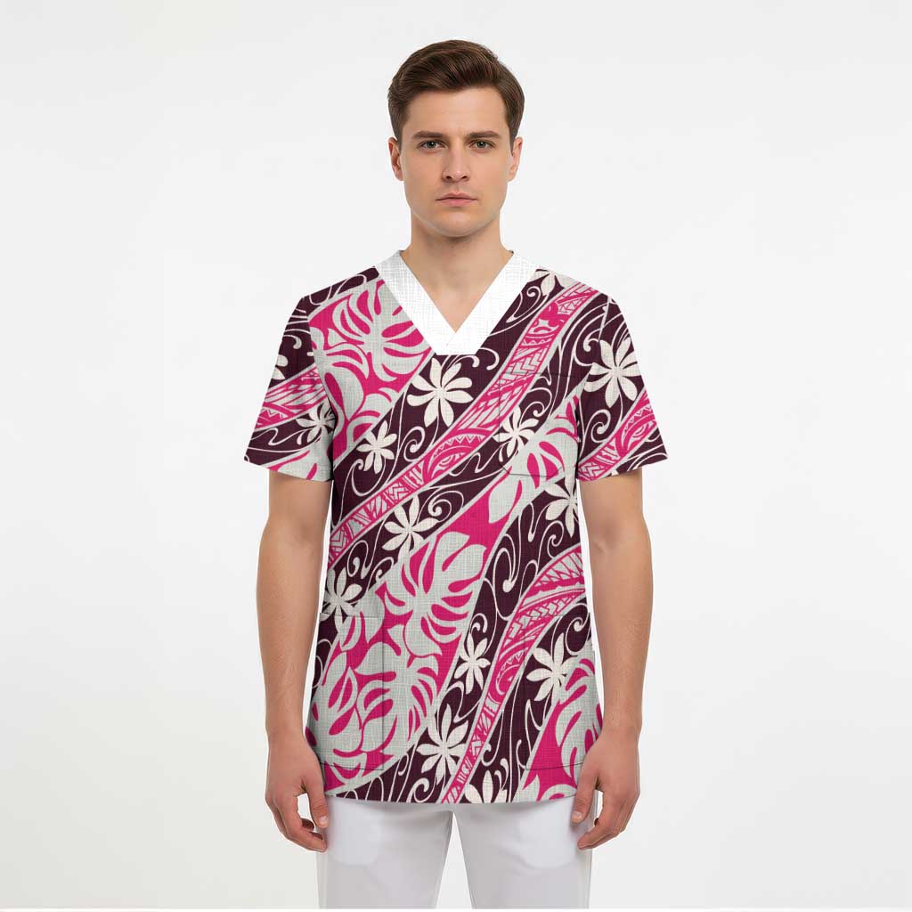 Tarona Tahiti Tiare Monstera Scrub Top Polynesian Pattern Curve Style LT01 - Polynesian Pride