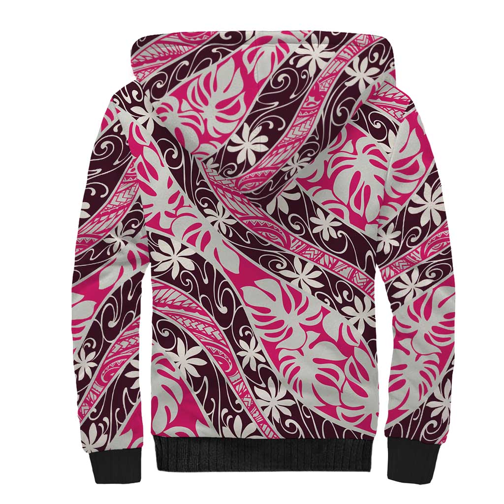 Tarona Tahiti Tiare Monstera Sherpa Hoodie Polynesian Pattern Curve Style - Polynesian Pride